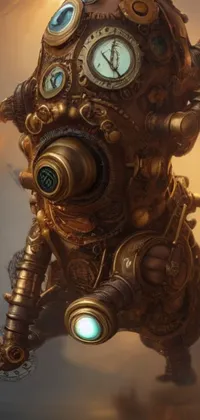 This phone live wallpaper showcases a stunning scene of clockwork technology with a steam clock atop a body of water