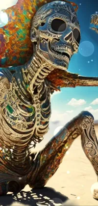 This live wallpaper features a surreal sculpture of a skeleton in a desert landscape