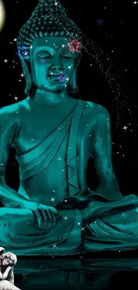 Enhance your mobile screen aesthetic with this compelling live wallpaper featuring a 3D-rendered Buddha statue seated in front of a full moon
