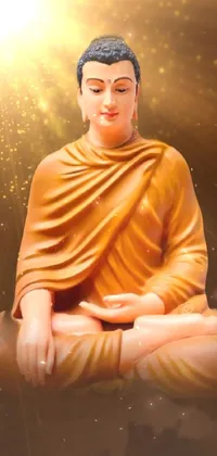 This phone wallpaper features a realistic image of Samikshavad in a yellow robe, sitting in a peaceful meditation pose