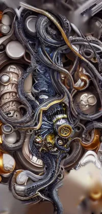 This phone live wallpaper features an incredible ultrafine metal object painting with photorealistic and chaotic textures