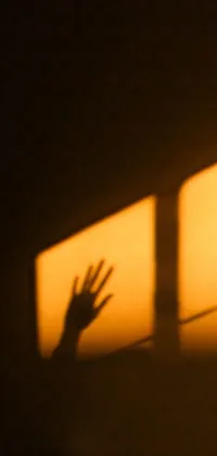 This live wallpaper for your phone features a striking image of a shadow hand reaching out of a window, set against a dark and orange-lit background