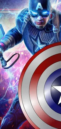 Experience the superhero ultimate protection with a live phone wallpaper featuring the electrifying Captain America digital art portrait
