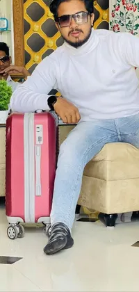 This phone live wallpaper features a man sitting on a couch holding a pink suitcase, and a picture on the wall behind him