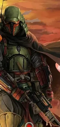 This live wallpaper features a sci-fi inspired close-up of an armoured figure holding a sleek firearm