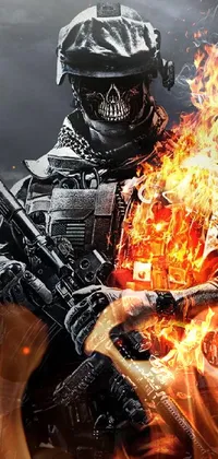 This phone live wallpaper depicts a fierce soldier in a fiery battle