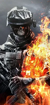 This phone live wallpaper showcases an incredible digital art depiction of a soldier wielding a gun and a ball of fire