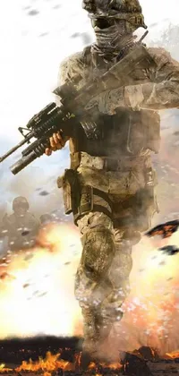 Bring the excitement of war to your phone with this phone live wallpaper, featuring an armed soldier running through a sprawling field