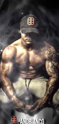 This digital art live wallpaper features a man wearing a baseball cap sitting on a bench, showcasing a well-toned and muscular physique