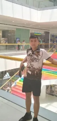 This live wallpaper features a vibrant, toyism-style image of a man overlooking a bustling mall on a hot summer day