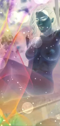 This live wallpaper presents a futuristic painting of a woman seated on a bench, with freezing blue skin and volumetric soft glowing mist around her