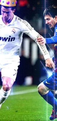 This soccer-themed live wallpaper features two men playing a game, with one player dribbling the ball and the other attempting to block his moves