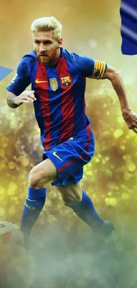 The soccer-inspired phone live wallpaper showcases an attractive vector art of a man dribbling a ball with a blurred background featuring a soccer player's portrait