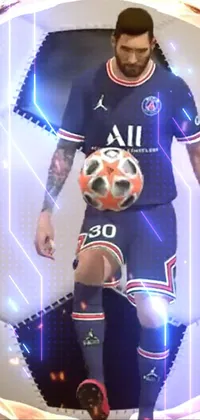 This soccer-themed phone live wallpaper features a dynamic digital rendering of a man holding a soccer ball in an in-game action shot