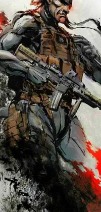 This phone live wallpaper features a digital drawing of a soldier holding a gun