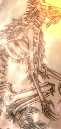 This edgy phone live wallpaper features a detailed drawing of a skeletal figure on a wooden table