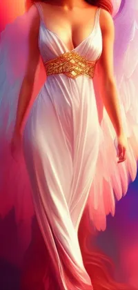 This phone live wallpaper features a digital art of a woman in white dress with angel wings