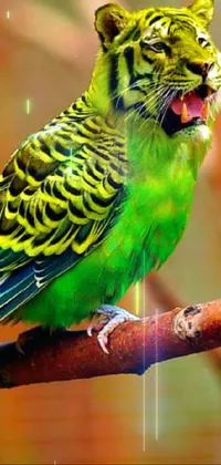 This live wallpaper is a delightful sight with a green-colored bird sitting on a tree branch