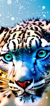 This lively phone wallpaper features a striking close-up of a leopard's face with blue eyes, beautifully airbrushed in digital art