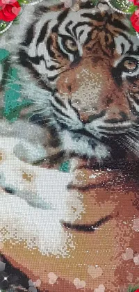 This tiger live wallpaper features a stunning close-up photograph of a wild tiger enjoying a snack
