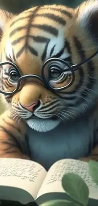 This phone wallpaper features a cute tiger cub wearing glasses while engrossed in reading a storybook