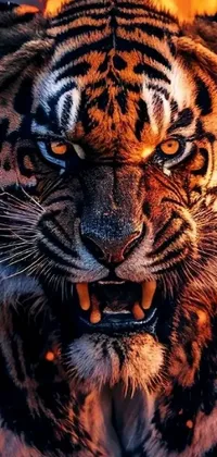 This live phone wallpaper depicts a close-up of a powerful tiger in hyper-detailed 240p or full HD