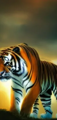 This stunning live wallpaper features a beautifully airbrushed illustration of a majestic tiger standing tall on a green hillside