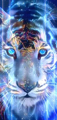 This live phone wallpaper showcases a powerful tiger with striking blue eyes