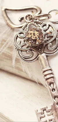 This phone live wallpaper features a stunning, retro style silver key resting on top of a vintage book with a faded leather cover and golden lettering