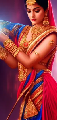 This live wallpaper features an eye-catching digital painting of a woman wearing a stunning red and blue sari