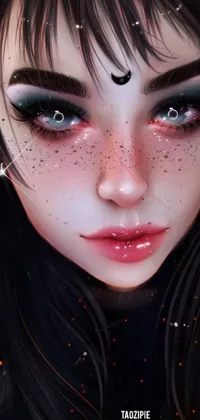 This phone live wallpaper features an intricate and detailed digital artwork of a beautiful woman with striking black and starry eyes