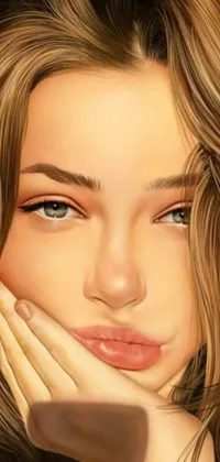 This stunning phone live wallpaper is a digital painting featuring a beautiful woman with long brown-blond hair and perfect boyish features