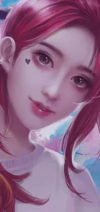 This lively phone wallpaper features a digital painting of a coy smile girl with pink hair, inspired by guweiz style