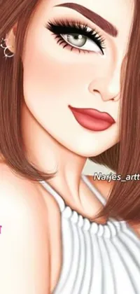 This phone live wallpaper features an exquisite drawing of a woman in a brown hair, hand painted in cartoon art style