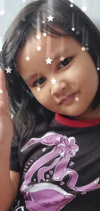 This live wallpaper for your phone features a young girl dressed in a black t-shirt, making a peace sign with her hand