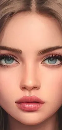 Get mesmerized with this stunning phone live wallpaper of a woman with beautiful brown hair and intense blue eyes! The highly-detailed face where every strand of hair and lash is meticulously placed creates a realistic cartoon style, making it an absolute treat to stare at