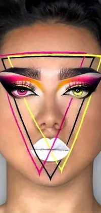 This phone live wallpaper features a stunning woman with a bold and eye-catching pink and yellow triangle on her face