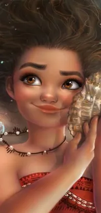 This live wallpaper features a stunning digital painting of a young African girl wearing a flowing red dress and holding a seashell