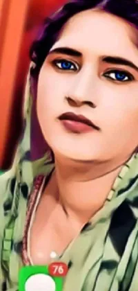 This phone live wallpaper features a stunning close-up of a person wearing a headscarf, rendered in a vibrant and colorful digital painting style