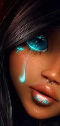 This dynamic live wallpaper depicts a close-up view of a blue-eyed woman shedding tears