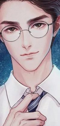 This digital illustration live wallpaper features a close-up portrait of a person with thin, large round glasses