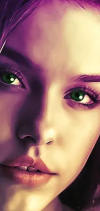 Enjoy the stunning digital portrait live wallpaper of a woman with luscious purple hair and captivating green eyes