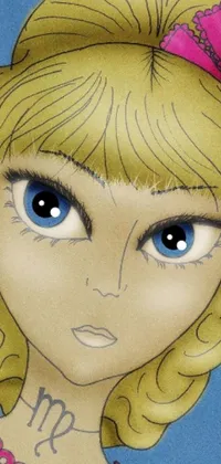 This exquisite phone live wallpaper features a stunning hand-drawn portrait of a blonde girl with captivating blue eyes