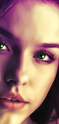This stunning live wallpaper features a woman with purple hair and green eyes in a digital art painting