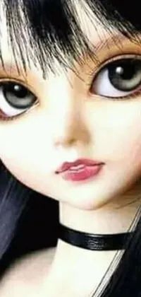 This phone live wallpaper showcases a captivating anime doll with striking black hair and shiny eyes