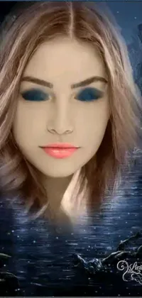 This mobile live wallpaper showcases a digital painting of a woman with striking blue eyes