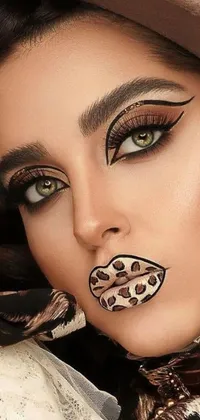 This phone wallpaper features a close-up of a stunning woman wearing a hat and leopard print makeup