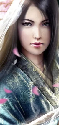 Get lost in the breathtaking beauty of this phone live wallpaper featuring a woman in a traditional kimono, holding a sword amidst sakura petals