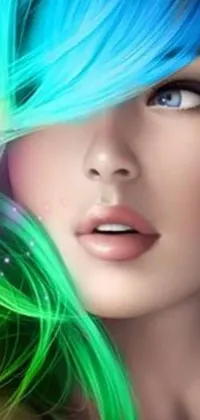 This phone live wallpaper is a stunningly beautiful image featuring a woman with striking blue and green hair