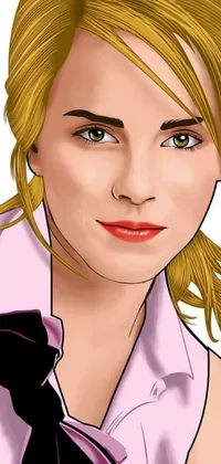 This gorgeous live wallpaper features a vector art illustration of a blonde woman in a pink shirt and black tie